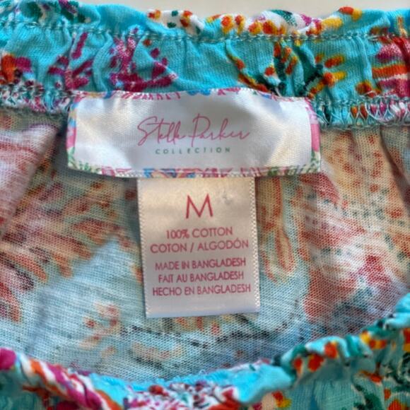 Stella Parker Colorful Tropical Top Womens Medium Turquoise Floral Cotton Blouse - Picture 5 of 7